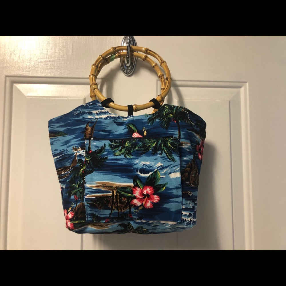 Hawaiian Print Bamboo Handle Purse Handbag